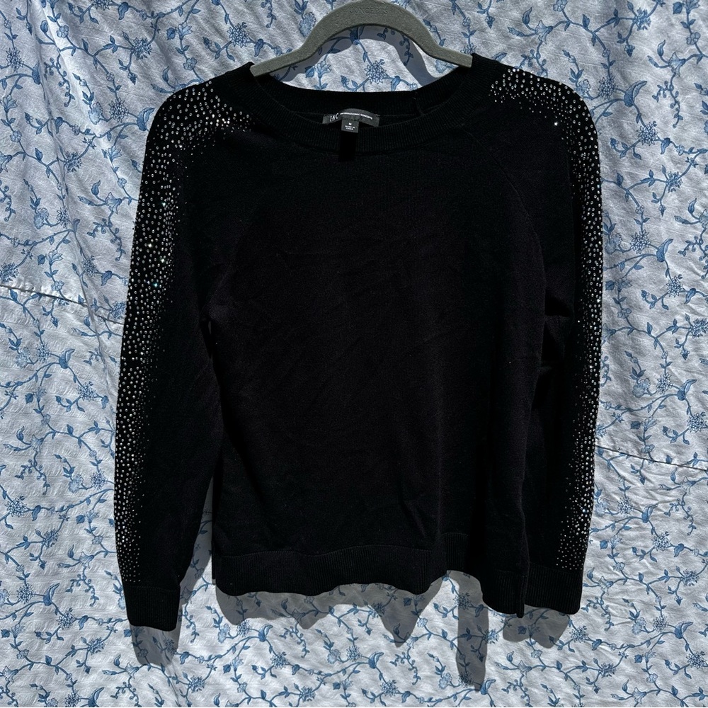 INC International Concepts Black Sweater with Rhinestone Details
